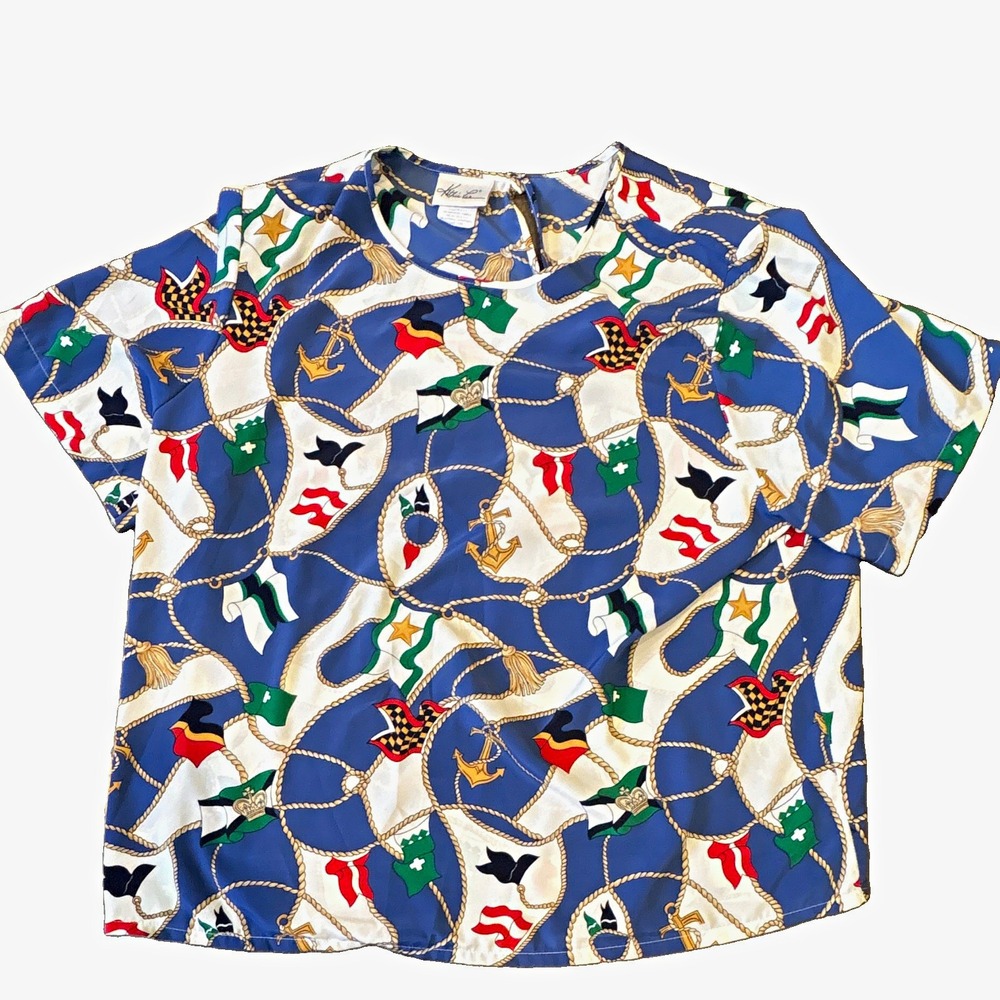 Vintage Kathie Lee Blue Nautical Satin Polyester Button-Up Collared Blouse 24W